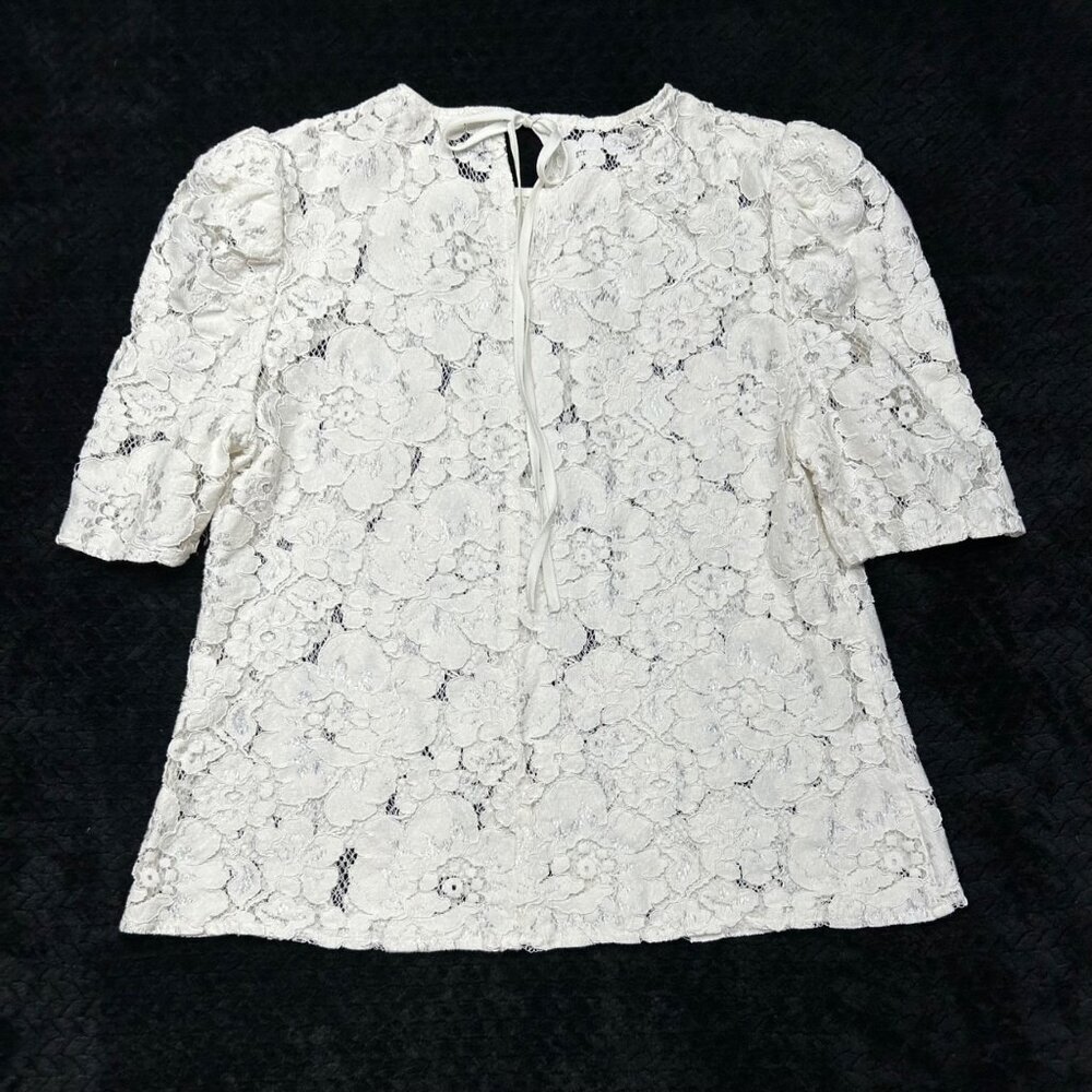 WAYF Women's Lace Puff Sleeve Top L Cream Key Hole Tie Neck - Picture 10 of 16